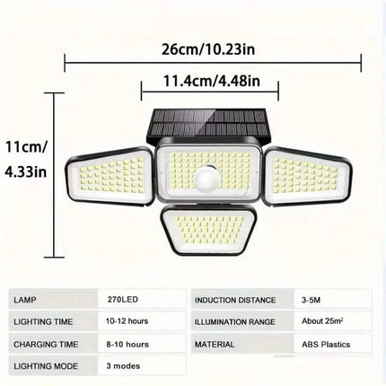 270 LEDs Solar Wall Light With Motion Sensor - 4 Head Lamp, 3 Lighting Modes Wide Angle Security Wireless Flood Light