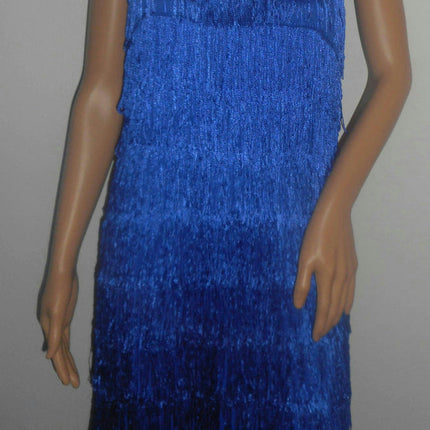 Women's Blue 1920's Deluxe Flapper 9 Tiered Fringe Costume Dress Beaded Straps