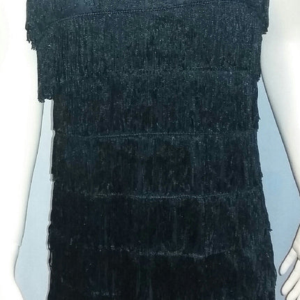 Women's Black 1920's Deluxe Flapper 8 Tiered Fringe Costume Dress Beaded Straps