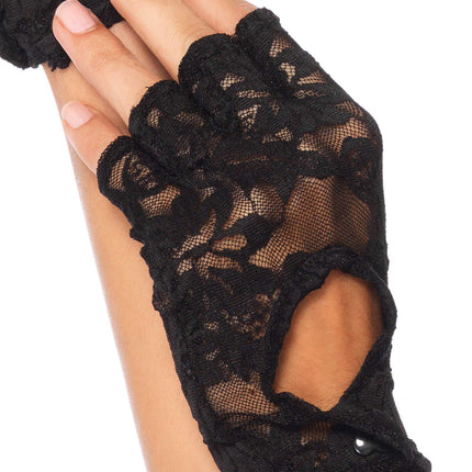 Lace Keyhole Fingerless Gloves - Black - O/S