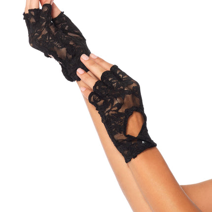 Lace Keyhole Fingerless Gloves - Black - O/S