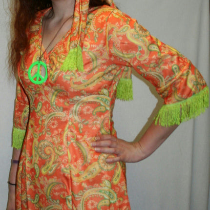 Paisley Daisy Flower Hippie Chick Adult Costume Dress and Headscarf with Fringe