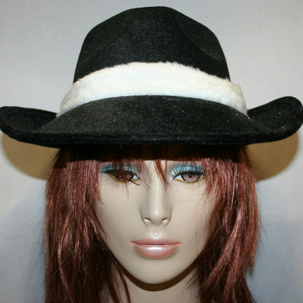 Black Flocked Fedora With White Trim and Flower Costume Hat