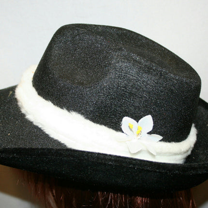 Black Flocked Fedora With White Trim and Flower Costume Hat