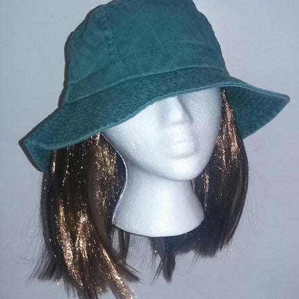 Washed Denim Cotton Bucket Hat With Attached Light Brown Hair