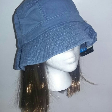 Washed Denim Cotton Bucket Hat With Attached Light Brown Hair
