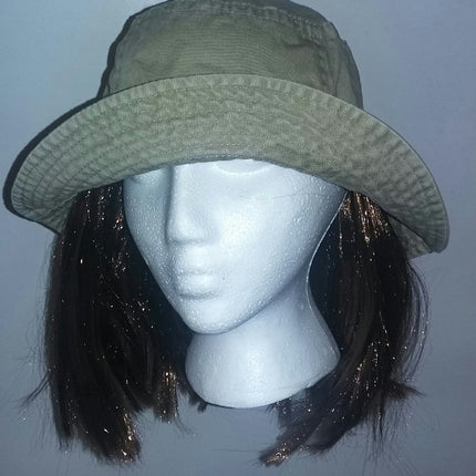 Washed Denim Cotton Bucket Hat With Attached Light Brown Hair