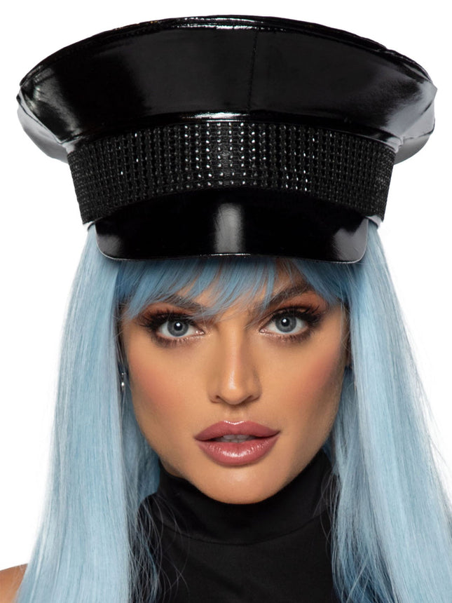 Rhinestone Trimmed Military Hat - Black - O/S