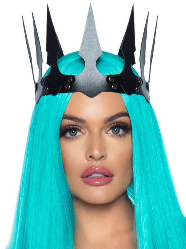 Faux Leather Spiked Crown - Black - O/S