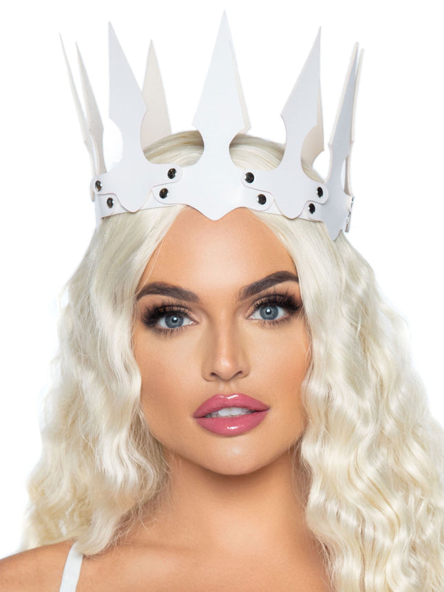 Faux Leather Spiked Crown - White - O/S