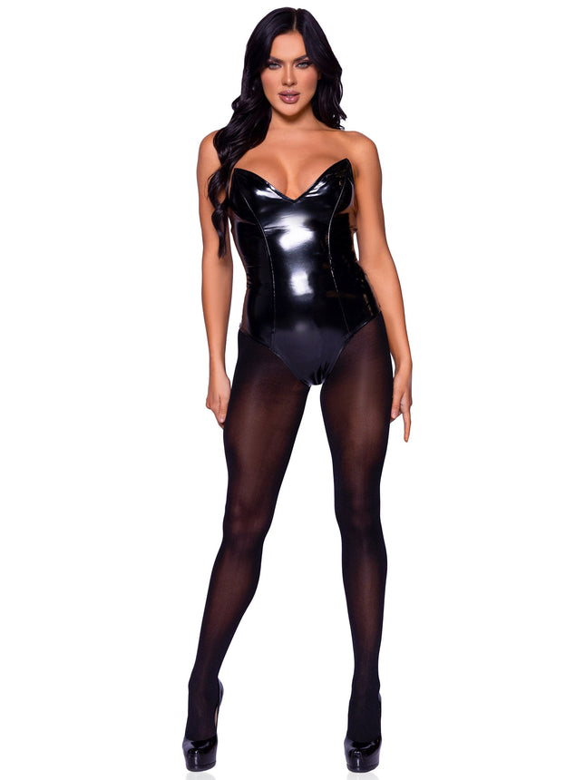Vinyl Boned Bodysuit - Black - MEDIUM
