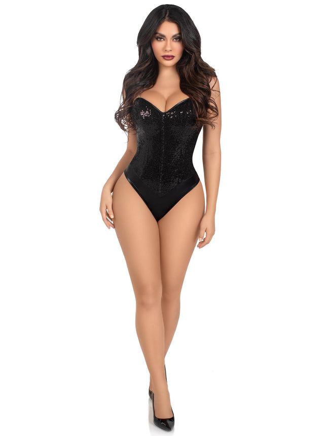 2 PC Sequin Boned Snap Crotch Bodysuit with Detachable Clear Straps - Black - SMALL