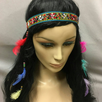 Multi-Colored Beaded Embroiderd Stretch Hippie Indian Headband Dangling Feathers