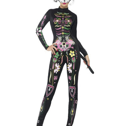 Smiffy's Women's Sexy Sugar Skull Cat Adult Costume Bodysuit Small 6-8