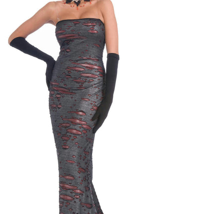Women's Long Gray Torn Tattered Red Slit Couture Gothic Diva Adult Costume Dress