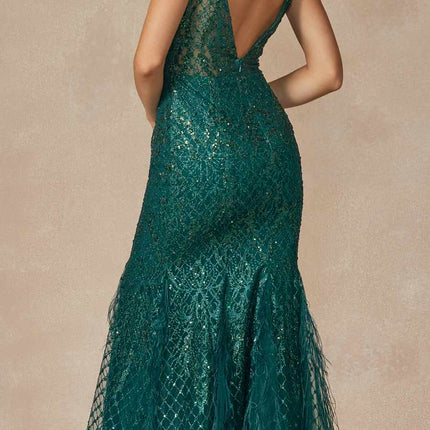 Juliet 286 Floor Length Feather Skirt Embellished Fitted Prom Dress