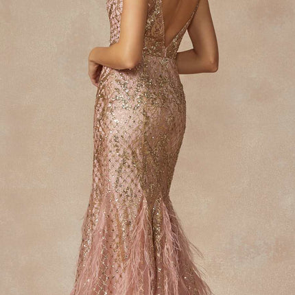Juliet 286 Floor Length Feather Skirt Embellished Fitted Prom Dress