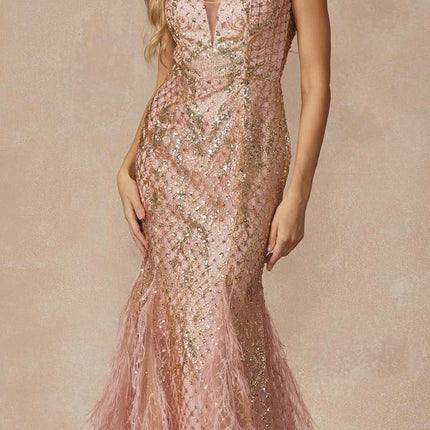 Juliet 286 Floor Length Feather Skirt Embellished Fitted Prom Dress