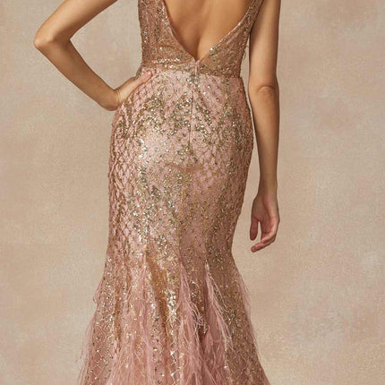 Juliet 286 Floor Length Feather Skirt Embellished Fitted Prom Dress