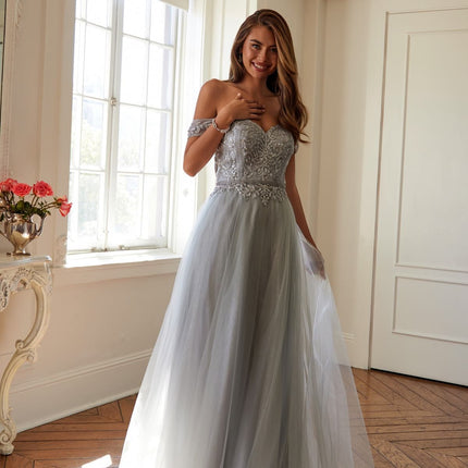 Juliet 287 Long Off the Shoulder Beaded Top A-Line Prom Dress