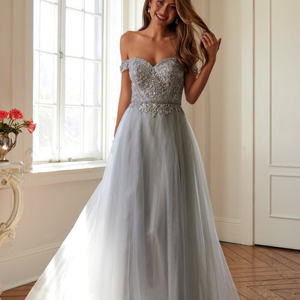 Juliet 287 Long Off the Shoulder Beaded Top A-Line Prom Dress