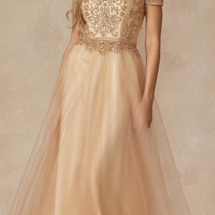 Juliet 287 Long Off the Shoulder Beaded Top A-Line Prom Dress