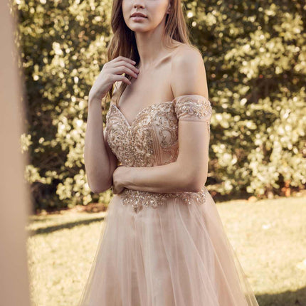 Juliet 287 Long Off the Shoulder Beaded Top A-Line Prom Dress