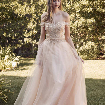 Juliet 287 Long Off the Shoulder Beaded Top A-Line Prom Dress