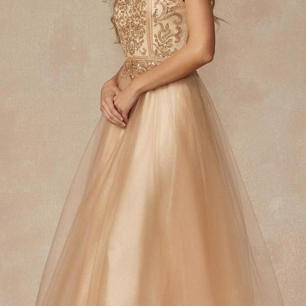 Juliet 287 Long Off the Shoulder Beaded Top A-Line Prom Dress