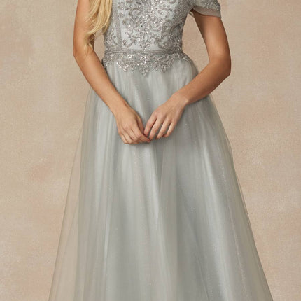 Juliet 287 Long Off the Shoulder Beaded Top A-Line Prom Dress