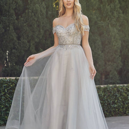 Juliet 287 Long Off the Shoulder Beaded Top A-Line Prom Dress