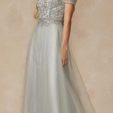 Juliet 287 Long Off the Shoulder Beaded Top A-Line Prom Dress