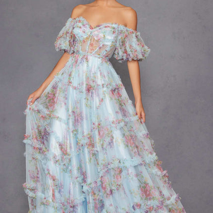 Juliet JT2887C Whimsy Sweetheart Off Shoulder Ruffled A-Line Print Gown