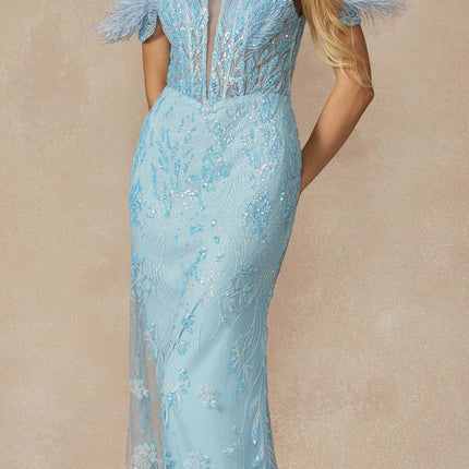 Juliet 288 Long Off the Shoulder Feather Strap Fitted Glitter Print Gown