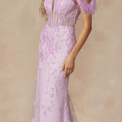 Juliet 288 Long Off the Shoulder Feather Strap Fitted Glitter Print Gown