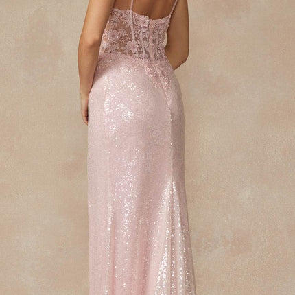 Juliet 289 Long Machine Sequin Gown with Corset Bodice Prom Gown