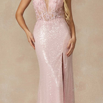 Juliet 289 Long Machine Sequin Gown with Corset Bodice Prom Gown