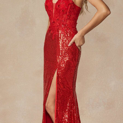 Juliet 289 Long Machine Sequin Gown with Corset Bodice Prom Gown