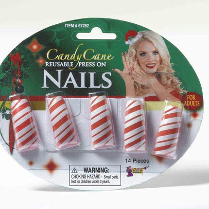 Set of 10 Red White Striped Candy Cane Reusable Press On Nails Christmas Fun