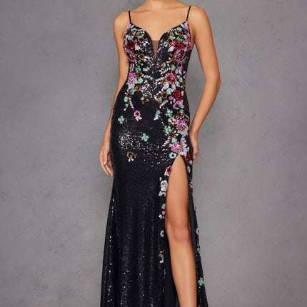 Juliet JT2909K Fitted Floral Embroidery and Sequin Prom Gown