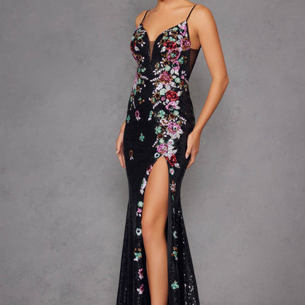 Juliet JT2909K Fitted Floral Embroidery and Sequin Prom Gown