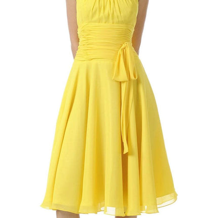 CLEARANCE - Halter Strap Yellow Chiffon Knee Length Dress With Bow (Size Small)