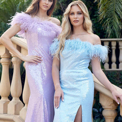 Juliet 292 Long Feather Neckline Off the Shoulder High Slit Prom Gown