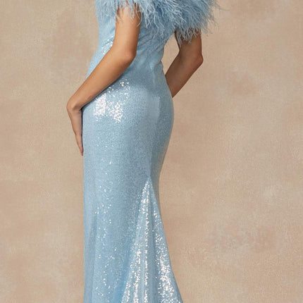 Juliet 292 Long Feather Neckline Off the Shoulder High Slit Prom Gown