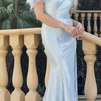 Juliet 292 Long Feather Neckline Off the Shoulder High Slit Prom Gown