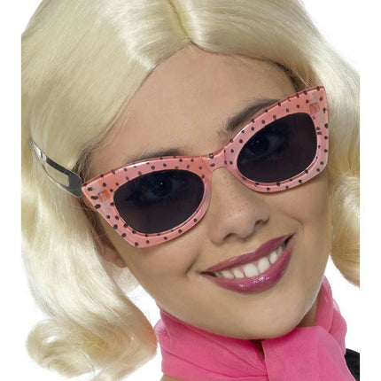 Pink 50's Style Frames Glasses with Black Polka Dots and Tinted Lenses