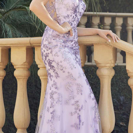 Juliet 294 Long Butterfly Appliques Low V-Neck Prom Dress