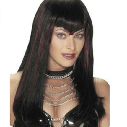 Black and Burgundy Hot Streak Sexy Vampire Dominatrix Long Sleek Wig with Bangs