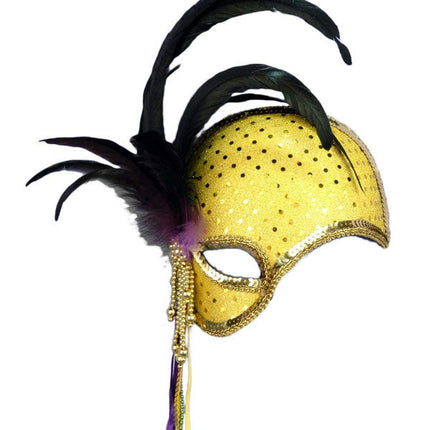 Gold Sequin Mystique Venetian Masquerade Mardi Gras Mask with Feathers