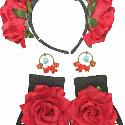 Day of The Dead Female Kit Costume Accessory Floral Headband Gloves Earrings